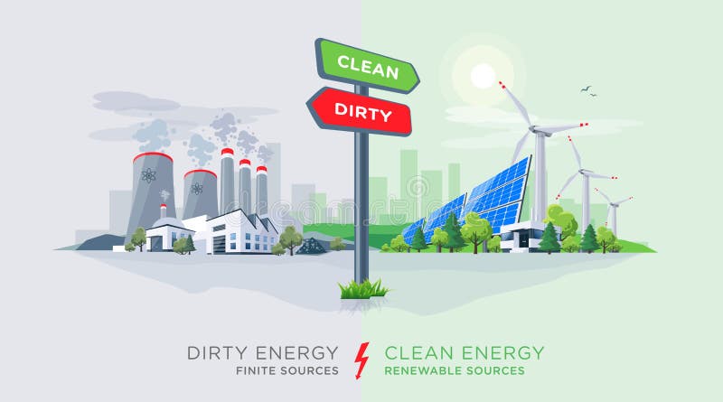 Vector illustration showing directional sign to clean or dirty electricity factory production. Polluting fossil thermal coal power plant versus clean solar panels and wind turbines renewable energy. Vector illustration showing directional sign to clean or dirty electricity factory production. Polluting fossil thermal coal power plant versus clean solar panels and wind turbines renewable energy.