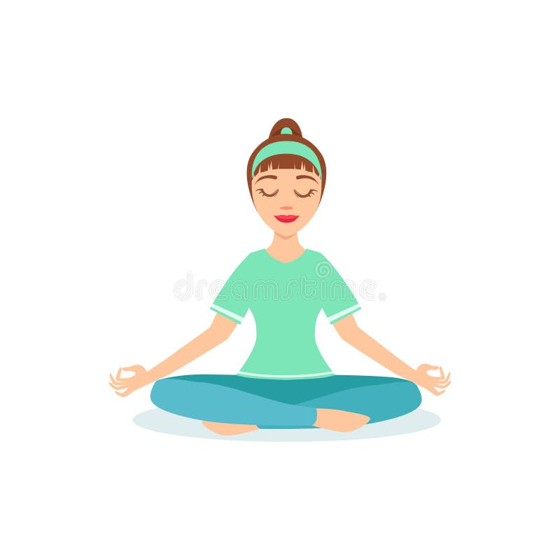 Posa di yoga di Lotus PAdmasana dimostrata dagli Yogi del fumetto della ragazza con la coda di cavallo nel vettore allegro blu de illustrazione di stock Posa di yoga di Lotus PAdmasana dimostrata dagli Yogi del fumetto della ragazza con la coda di cavallo nel vettore allegro blu de illustrazione di stock