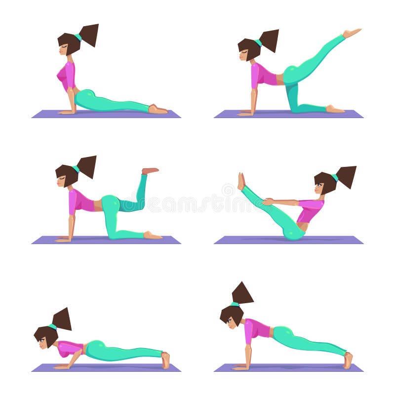 Pose stabilite di yoga, un'yoga su una stuoia, esercizio di forma fisica, allenamento - illustrazione di pratiche della ragazza d illustrazione vettoriale Pose stabilite di yoga, un'yoga su una stuoia, esercizio di forma fisica, allenamento - illustrazione di pratiche della ragazza d illustrazione vettoriale