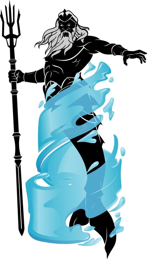 Isolated illustration of Aged Poseidon with Trident commanding water. Isolated illustration of Aged Poseidon with Trident commanding water