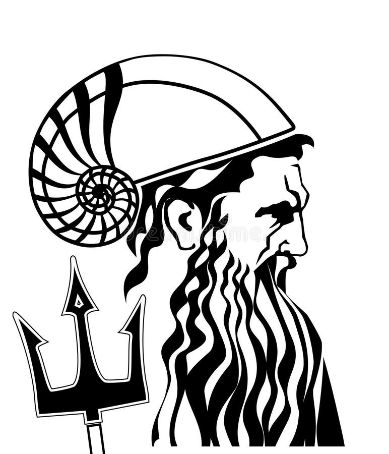 Poseidon Neptuno con el tridente y el casco vector el ejemplo. Neptuno o poseidon con el ejemplo del vector de dios del mar del tridente Criatura mítica del agua de la fantasía Retrato barbudo fuerte, poderoso del hombre