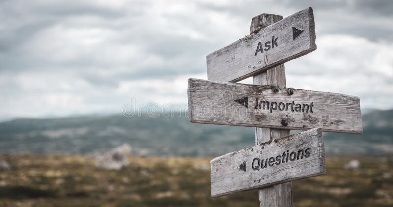 Ask important questions text engraved on wooden signpost outdoors in nature. Panorama format. Ask important questions text engraved on wooden signpost outdoors in nature. Panorama format