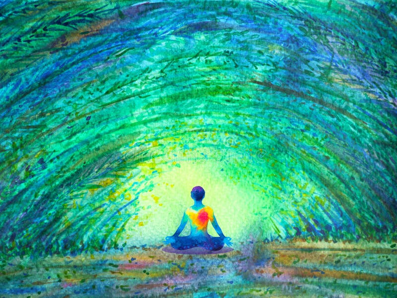 Poserar mänsklig lotusblomma för Chakra färg yoga i grön trädskogtunnel royaltyfri illustrationer