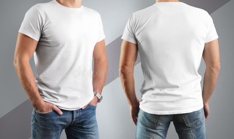 Poserar vita t-skjortor för modellen på mannen, framme och tillbaka arkivbilder Poserar vita t-skjortor för modellen på mannen, framme och tillbaka arkivbilder