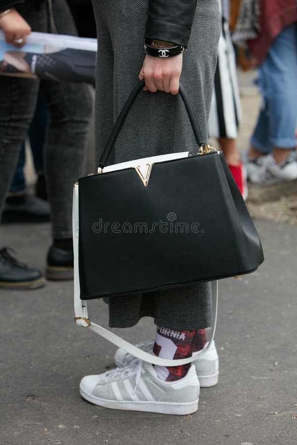 Woman with White Louis Vuitton Shoes before Cristiano Burani Fashion Show,  Milan Fashion Week Street Style on Editorial Stock Image - Image of week,  outfit: 195184084