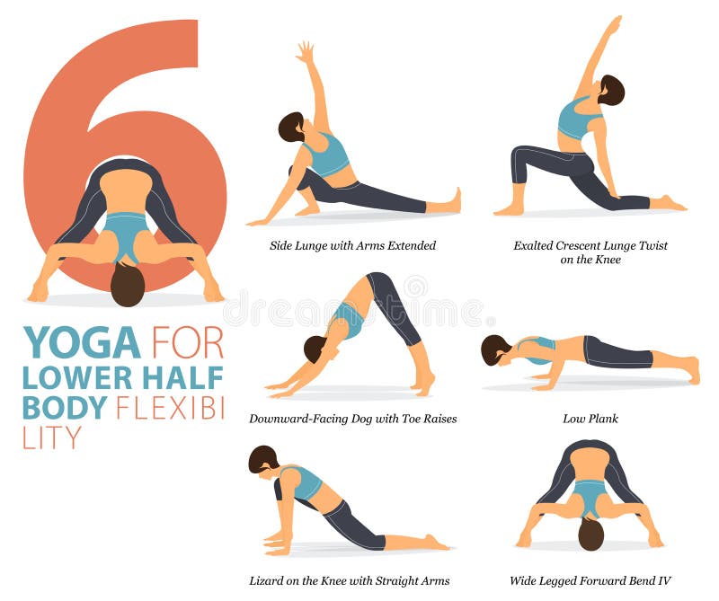 6 Poses De Yoga O Postura Asana Para El Entrenamiento En El Concepto De  Flexibilidad Corporal Inferior. Mujeres Haciendo Ejercicio Ilustración del  Vector - Ilustración de hombro, activo: 210163876