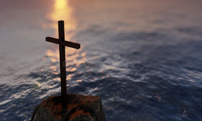 Position croisée chrétienne religieuse sur la roche en mer photos stock Position croisée chrétienne religieuse sur la roche en mer photos stock