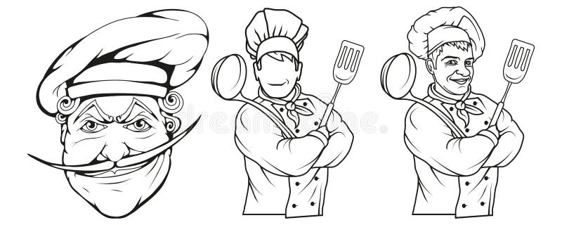 Position de cuisinier de chef dans une pose différente, patron de restaurant, chef de bande dessinée dans l'uniforme, logo de cui