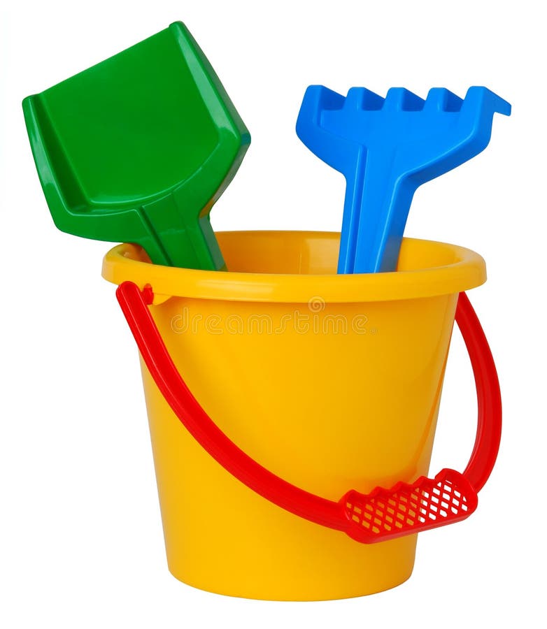 Toy plastic bucket with shovel and rake isolated on white background. Toy plastic bucket with shovel and rake isolated on white background