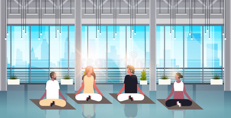 Position de lotus se reposante de personnes de course de mélange faisant l'intérieur moderne de gymnase de concept de relaxation illustration de vecteur Position de lotus se reposante de personnes de course de mélange faisant l'intérieur moderne de gymnase de concept de relaxation illustration de vecteur