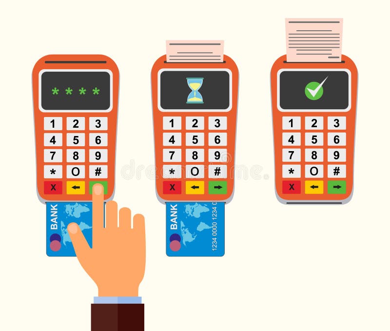 Positions-Anschluss bestätigt die Zahlung durch Debetkreditkarte nfc Zahlungskonzept vektor abbildung Positions-Anschluss bestätigt die Zahlung durch Debetkreditkarte nfc Zahlungskonzept vektor abbildung