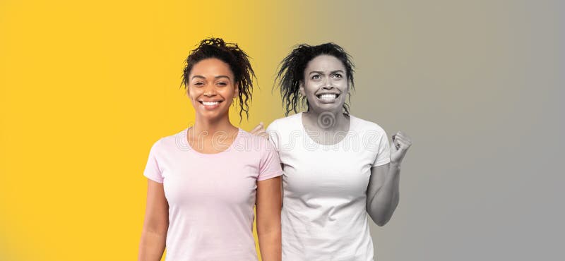 Positive, angry, unhappy millennial black lady freaking out, yelling on yellow and gray background, studio royalty free stock images