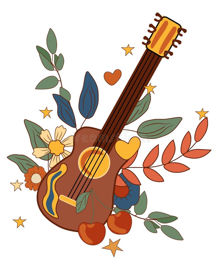 Positive composition 70s with retro guitar, colorful flowers and leaves, cherry, stars. Psychedelic groovy symbols