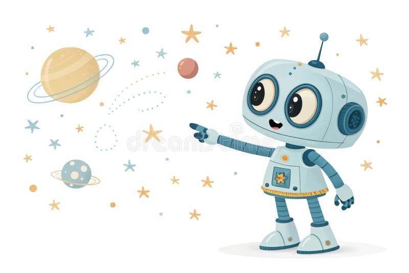 Positive cute robot pointing at a space 3d rendering cartoon, isolated on white background-generated by ai stock illustration