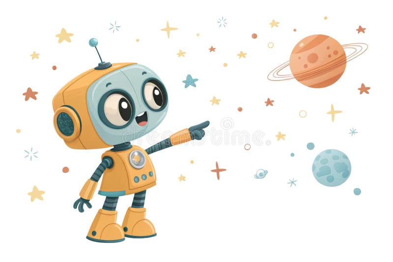 Positive cute robot pointing at a space 3d rendering cartoon, isolated on white background-generated by ai royalty free illustration