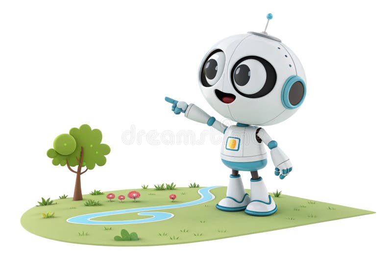Positive cute robot pointing at a space 3d rendering cartoon, isolated on white background-generated by ai stock illustration