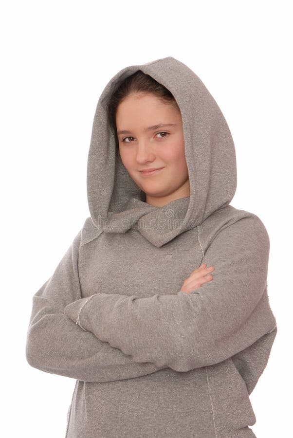 Positive Girl is in Grey Hoodie. Stock Photo Image of hoodie, calm