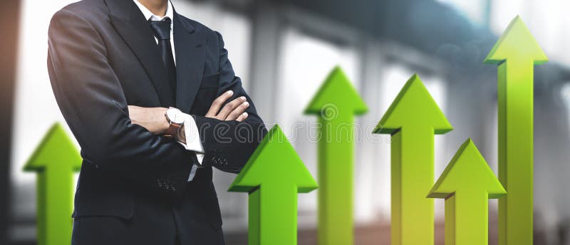 Positive Growing Business Success Concept. Asian Businessman on Blurred Office Background. 3D Green Arrow Up