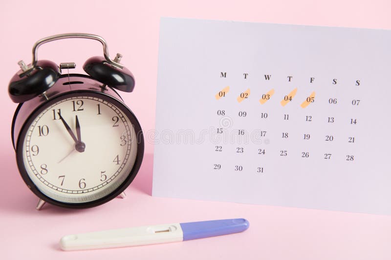 Positive Pregnancy Test, Alarm Clock and White Calendar with Dates of