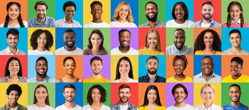 Positive Kollektion von Menschen mit mehreren Rassen. menschliche Portraits mit fröhlichen Gesichtsausdrücken auf farbenfrohen Stu lizenzfreie stockbilder