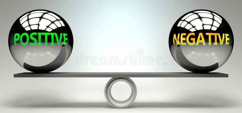 Positive and negative balance, harmony and relation pictured as two equal balls with text words showing abstract idea and stock illustration