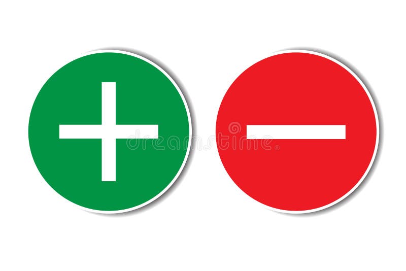 Positive negative plus minus assessment red green buttons with shadow. Simple concept pros cons dos dont list.