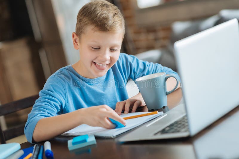 Positive Smart Boy Using Highlighter Stock Photo Image of lifestyle