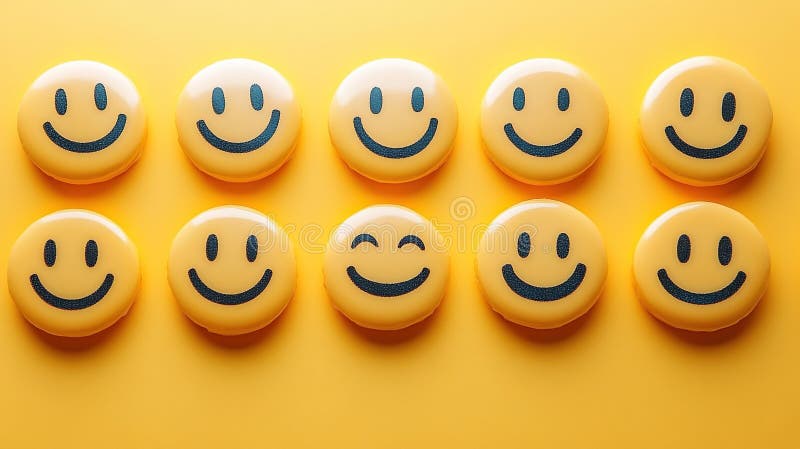 Positive smiley faces arranged in a grid on a yellow background vector illustration