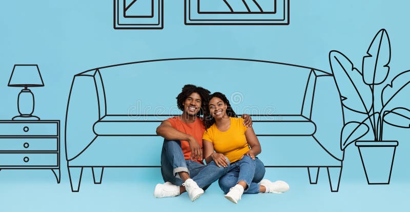 Positive young black husband hug wife, enjoy buy new home in living room interior royalty free stock image