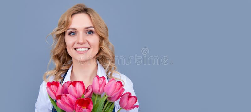 positive young woman in apron with spring tulip flowers on grey background. Woman isolated face portrait, banner with royalty free stock image