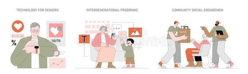Positivt åldrande. illustration av flata vektorer royaltyfri illustrationer