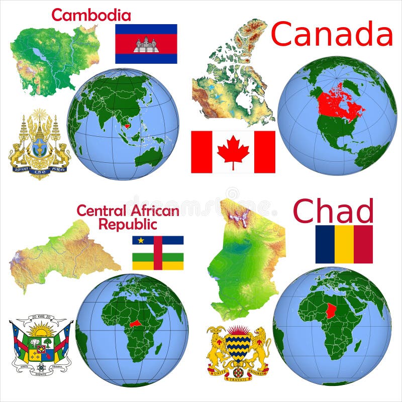 Posizione Cambogia, Canada, centrafricano, Repubblica del Chad illustrazione di stock Posizione Cambogia, Canada, centrafricano, Repubblica del Chad illustrazione di stock