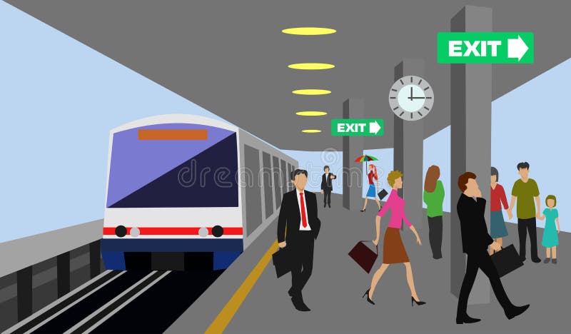 Posizione della stazione di treno di alianti con la camminata di molta gente royalty illustrazione gratis Posizione della stazione di treno di alianti con la camminata di molta gente royalty illustrazione gratis
