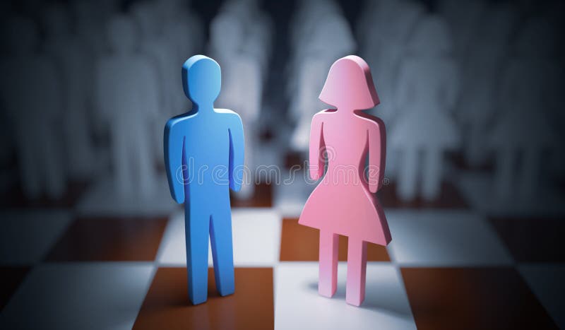 Man and woman standing on chess board. Gender equality concept. 3D rendered illustration. Man and woman standing on chess board. Gender equality concept. 3D rendered illustration