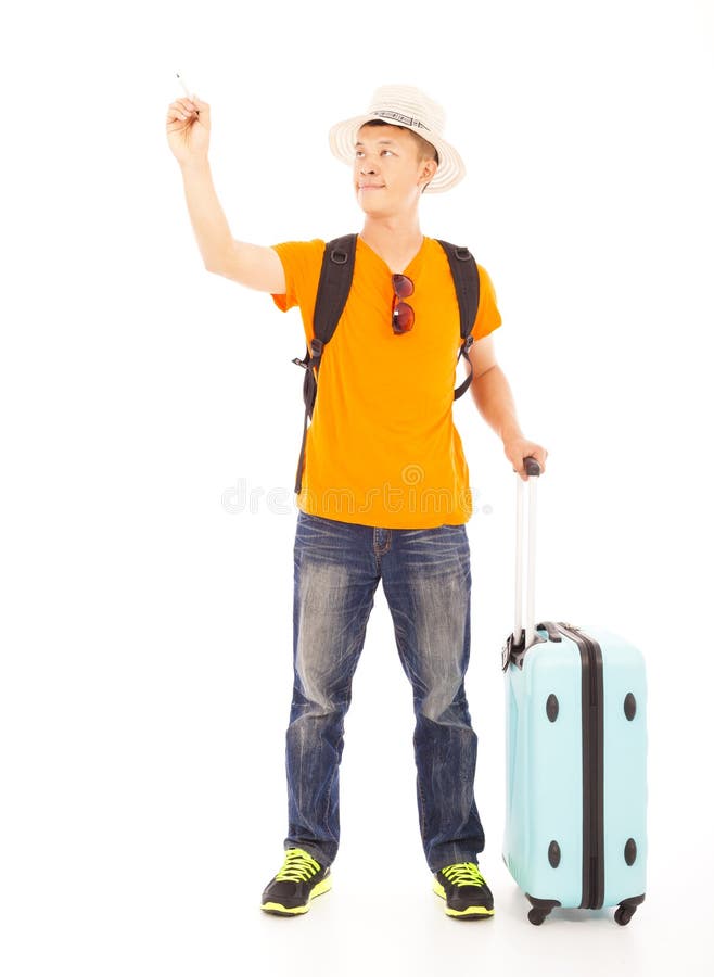 A posição feliz do homem novo e levanta uma mão para a tração fotos de stock A posição feliz do homem novo e levanta uma mão para a tração fotos de stock
