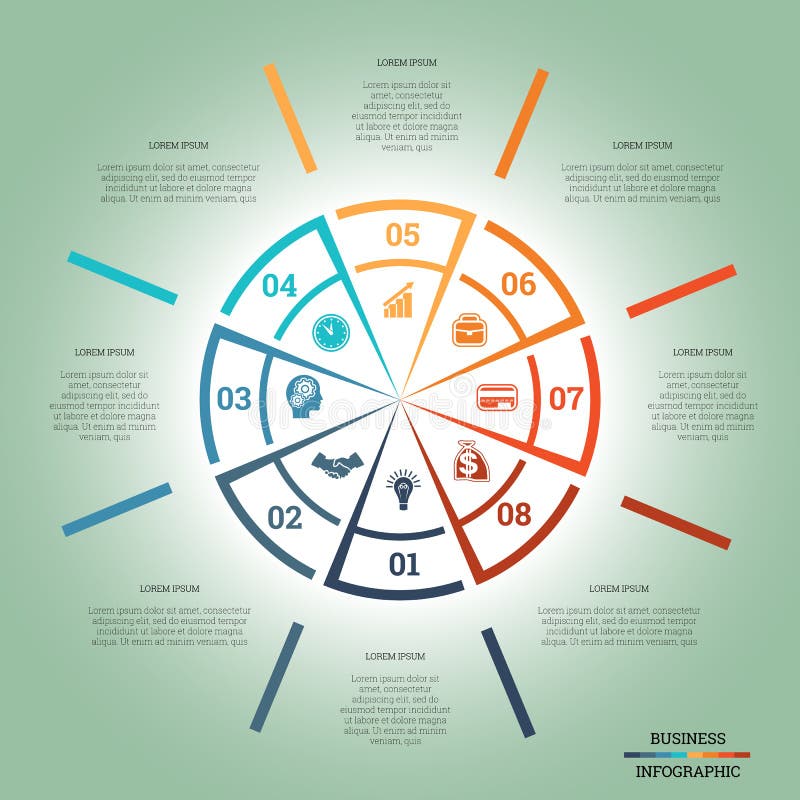 Posições coloridas do círculo oito do molde da carta de torta de Infographic ilustração stock Posições coloridas do círculo oito do molde da carta de torta de Infographic ilustração stock