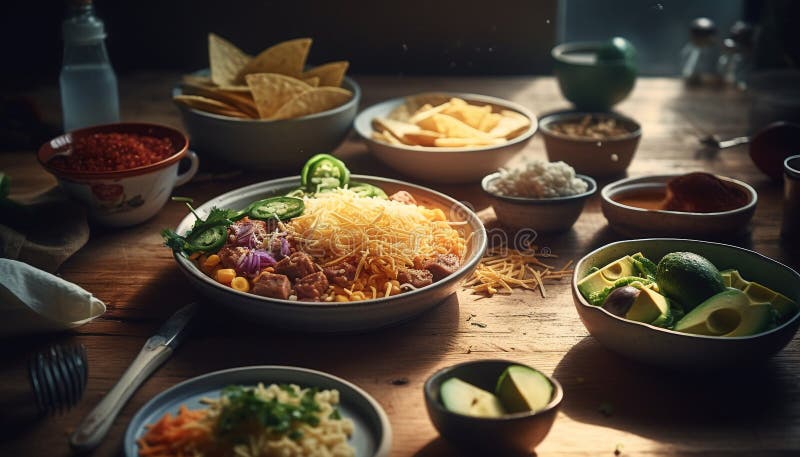 Posiłek z taco na rustykalnym drewnie wytwarzany przez ai. Posiłek gourmet taco na rustycznym drewnie generowany przez sztuczną inteligencję