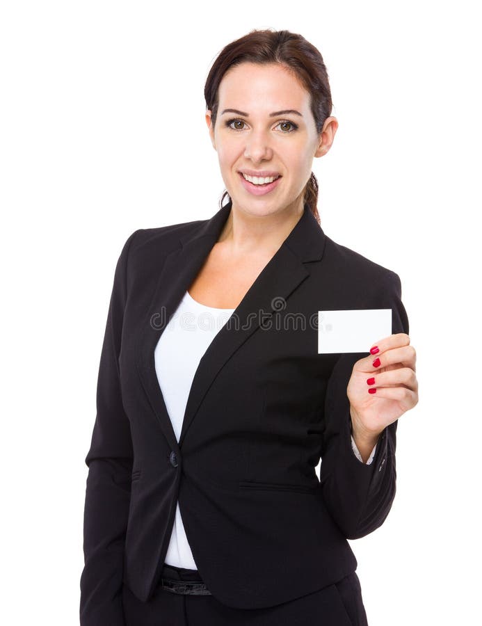 Posse da mulher de negócios com placa do cartão de nome imagens de stock Posse da mulher de negócios com placa do cartão de nome imagens de stock