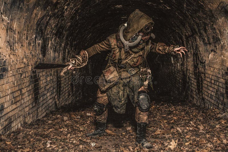 Post apocalyptic underground creature in gas mask