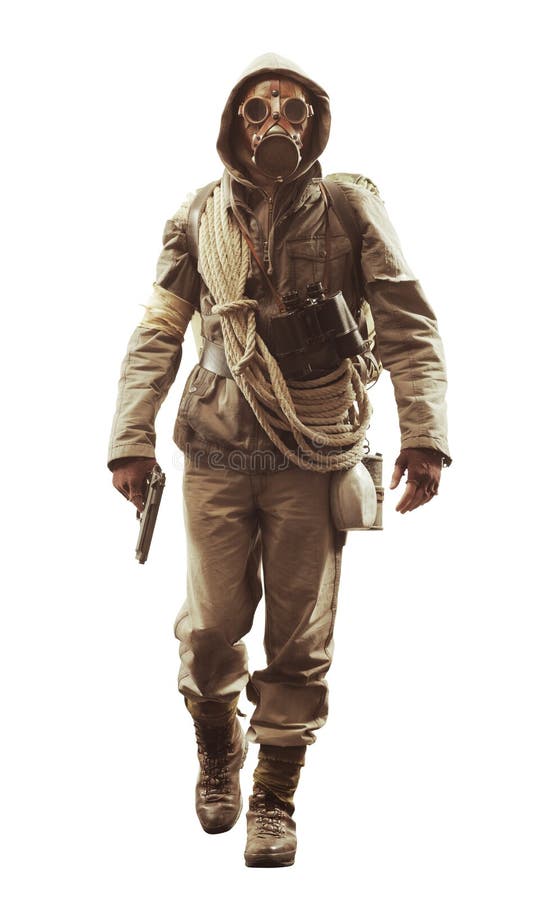 Post apocalyptic survivor in gas mask stock photography