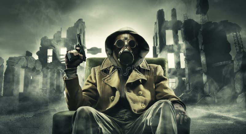 Post apocalyptic survivor in gas mask, destroyed city in the background. Post apocalyptic survivor in gas mask, destroyed city in the background