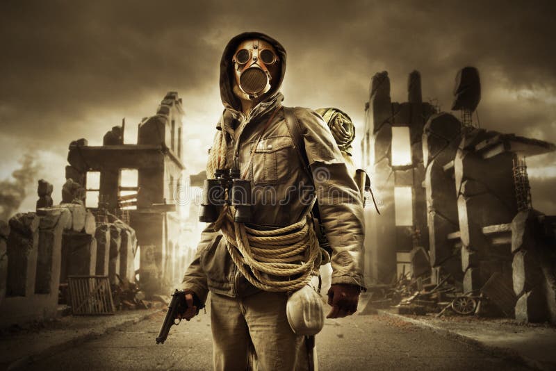 Post apocalyptic survivor in gas mask, destroyed city in the background. Post apocalyptic survivor in gas mask, destroyed city in the background