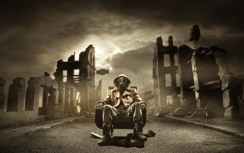 Post apocalyptic survivor in gas mask, destroyed city in the background. Post apocalyptic survivor in gas mask, destroyed city in the background