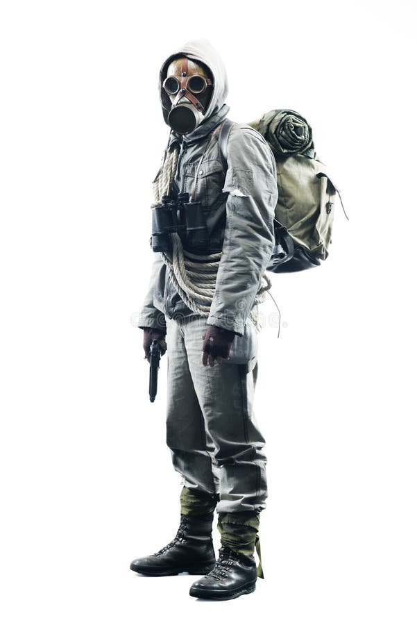 Post apocalyptic survivor in gas mask on white background. Post apocalyptic survivor in gas mask on white background