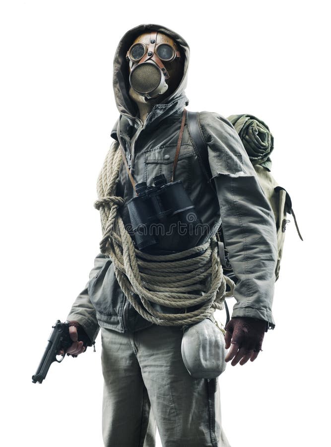 Post apocalyptic survivor in gas mask on white background. Post apocalyptic survivor in gas mask on white background