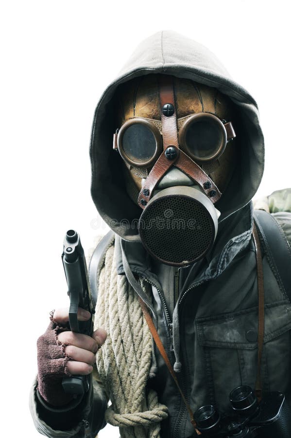 Post apocalyptic survivor in gas mask on white background. Post apocalyptic survivor in gas mask on white background