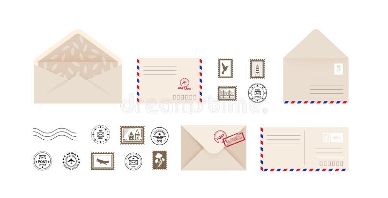 Post card and envelope. Collection open and close letters and postage stamps in front and back side. Express delivery stock illustration