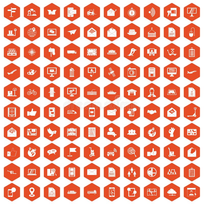 100 post and mail icons set in orange hexagon isolated vector illustration. 100 post and mail icons set in orange hexagon isolated vector illustration