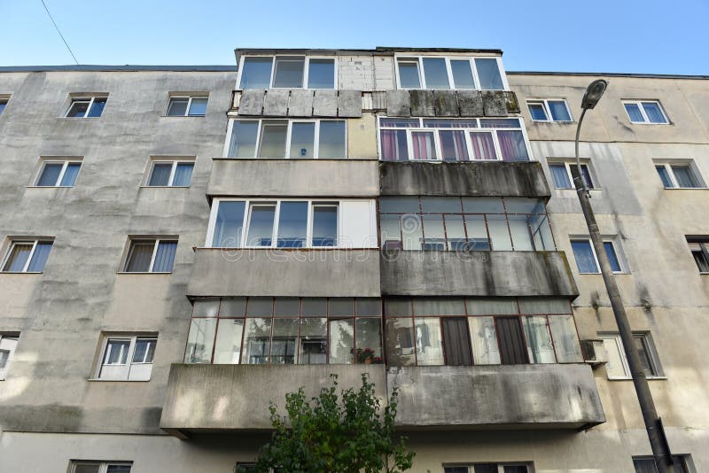 Suburban neighborhood built in communism. Post Soviet concrete flat of blocks. Old communist block stock images, royalty-free photos and pictures