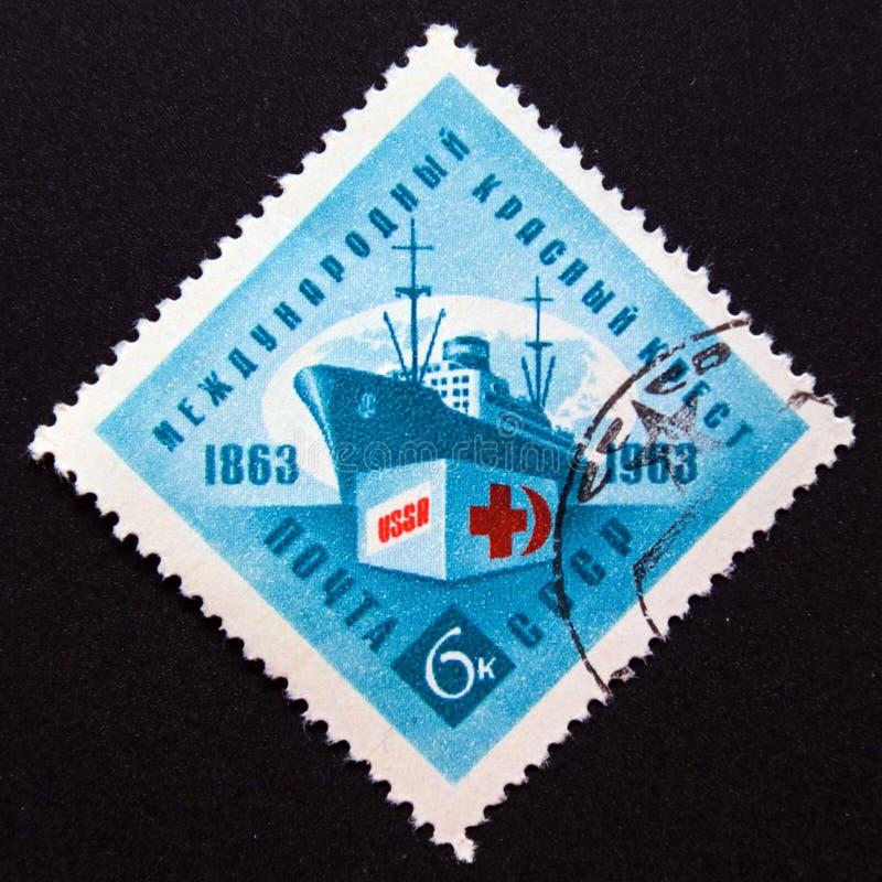Postage stamp Soviet union, 1963, Freighter and Red Cross Cargo. Post stamp printed in soviet union, 1963. Freighter and red cross cargo. Value 6 russian kopek. From the series centenary of red cross. Designer I. Levin.